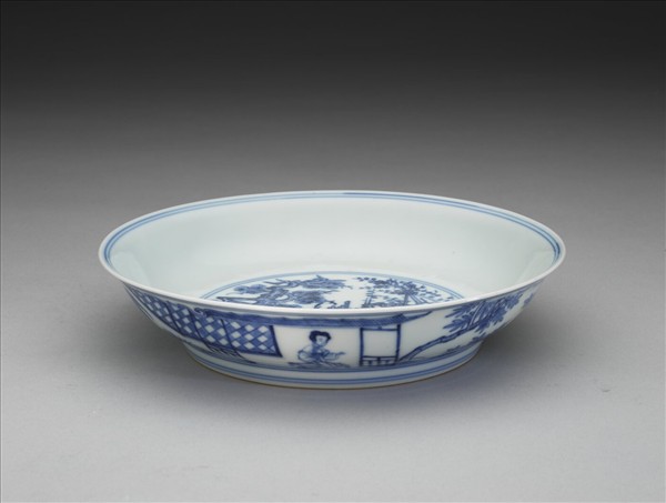 青花三友仕女圖盤