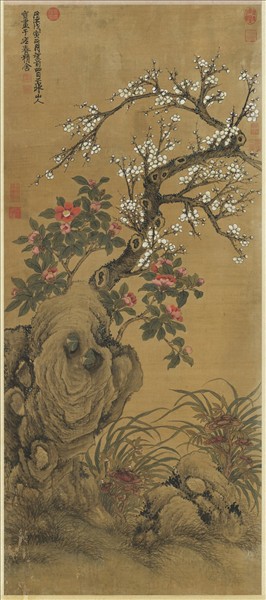 明邵寶梅花山茶　軸