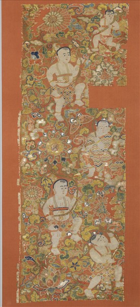 中國 執蓮童子納繡片