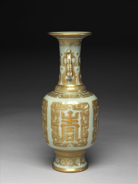 冬青釉描金壽字瓶