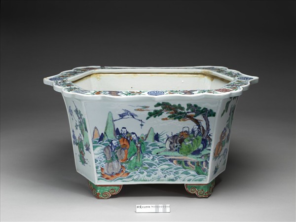 五彩山水人物六方大花盆