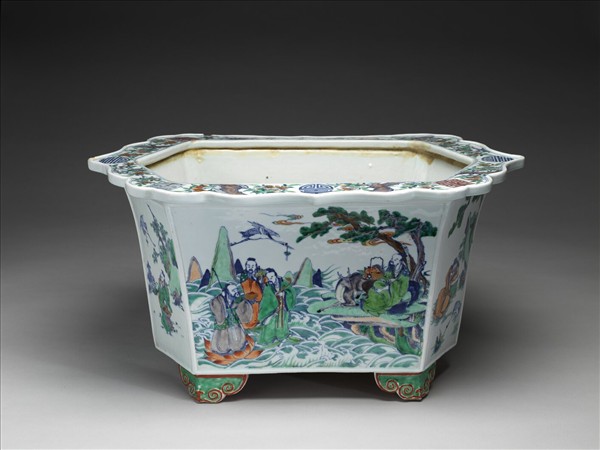 五彩山水人物六方大花盆