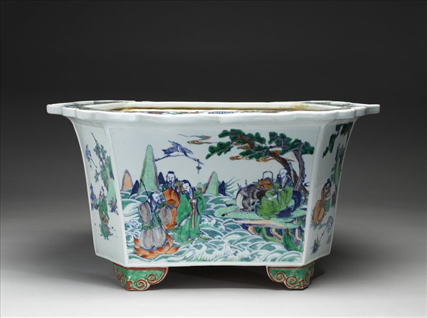 五彩山水人物六方大花盆