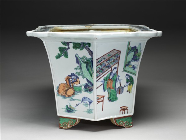 五彩山水人物六方大花盆