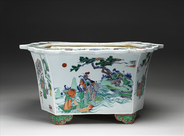 五彩山水人物六方大花盆