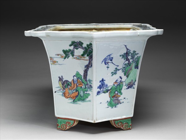 五彩山水人物六方大花盆