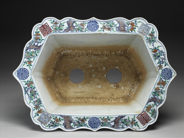 五彩山水人物六方大花盆