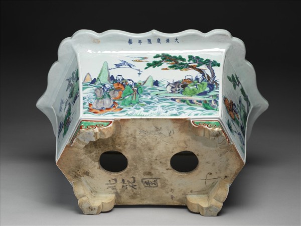 五彩山水人物六方大花盆