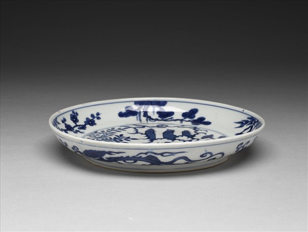 青花歲寒三友人物圖盤