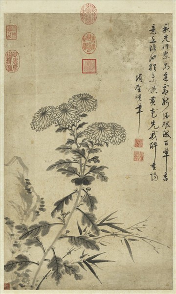 明項聖謨菊花竹石　軸