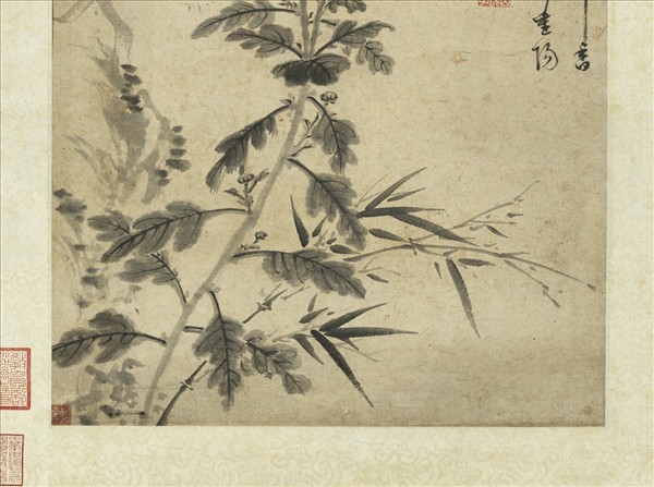 明項聖謨菊花竹石　軸