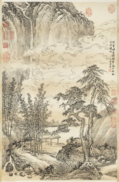 清陳書看雲對瀑圖　軸