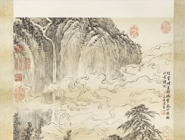 清陳書看雲對瀑圖　軸