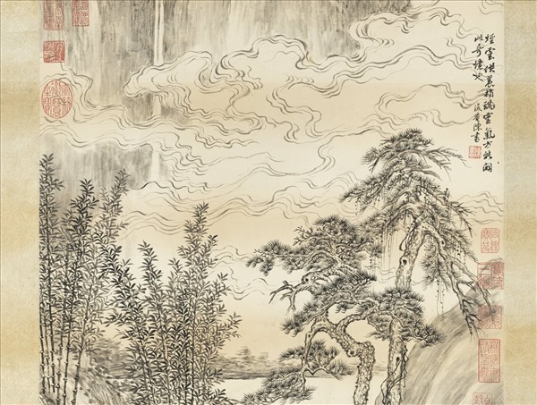 清陳書看雲對瀑圖　軸