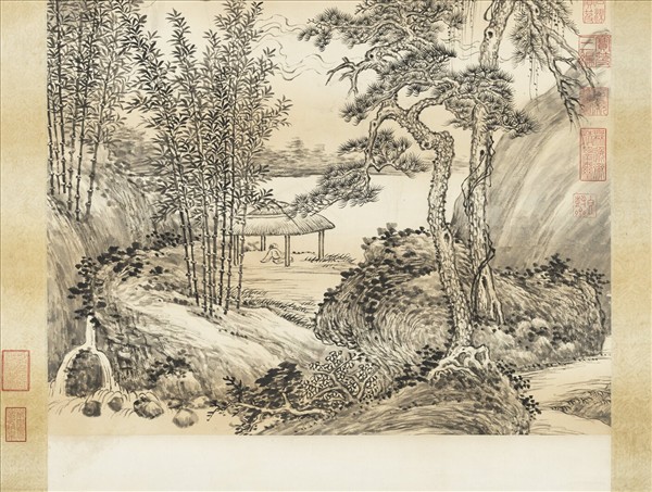 清陳書看雲對瀑圖　軸