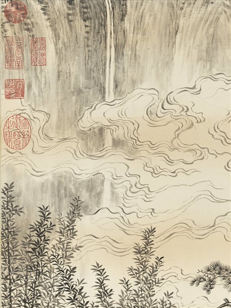 清陳書看雲對瀑圖　軸