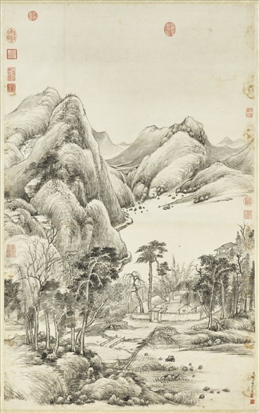 清鄒一桂畫溪山村落　軸