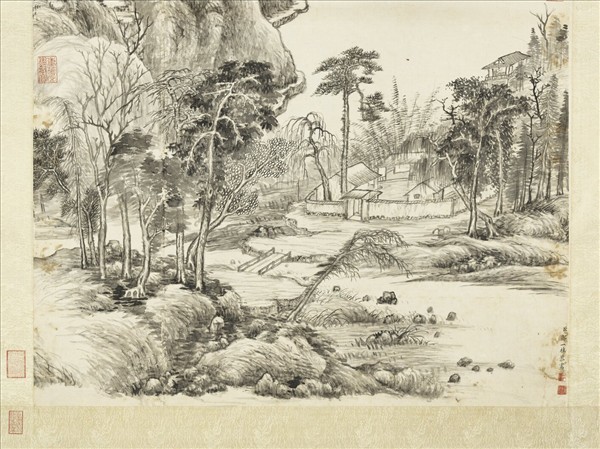 清鄒一桂畫溪山村落　軸