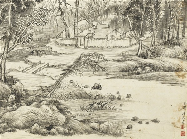 清鄒一桂畫溪山村落　軸