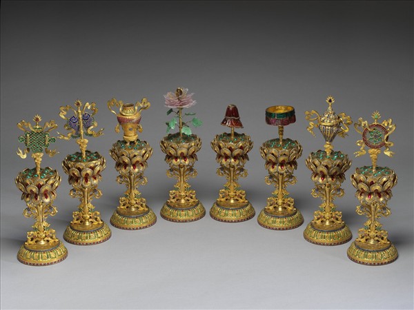 銅鍍金嵌假鑽八吉祥-吉祥結