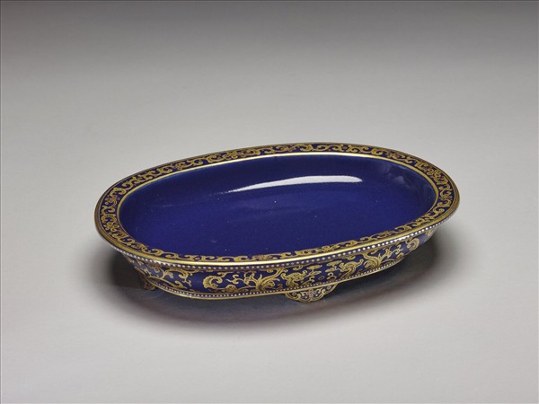 霽青釉描金夔龍紋盆托