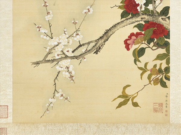 清鄒一桂畫白梅山茶　軸