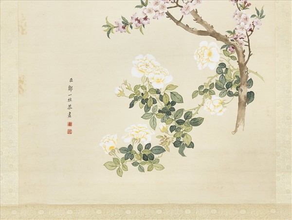 清鄒一桂畫桃花薔薇　軸