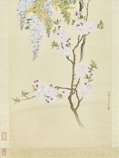 清鄒一桂畫碧桃紫藤　軸