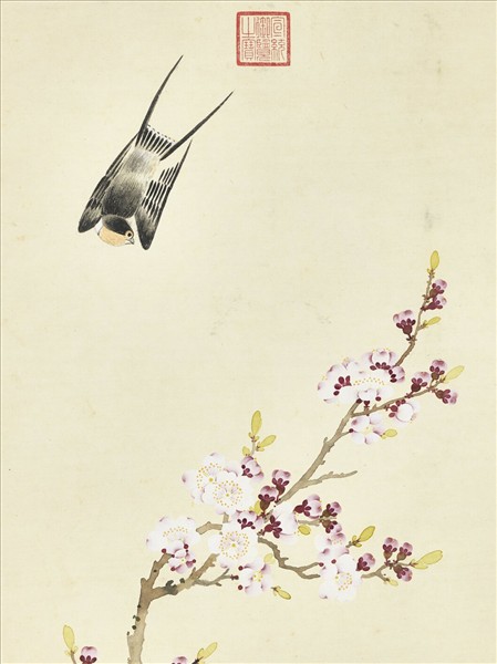 清鄒一桂畫杏花雙燕　軸