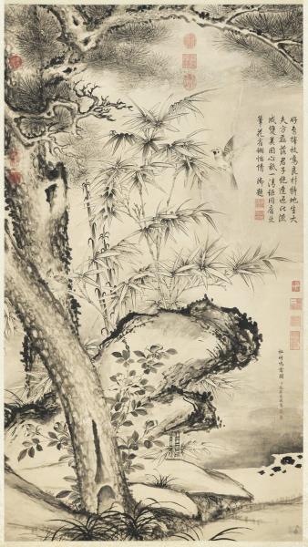 清張若靄松竹鳴禽圖高宗御題　軸