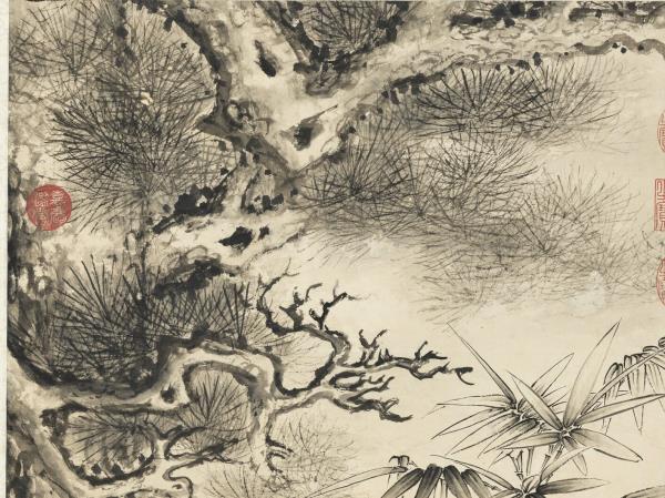 清張若靄松竹鳴禽圖高宗御題　軸