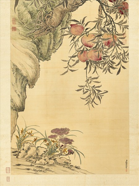 清錢載畫蟠桃苓芝　軸