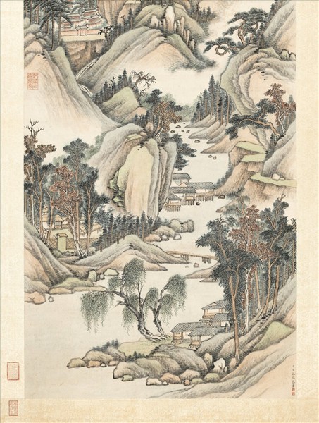 清永瑢畫秋寺鳴泉　軸