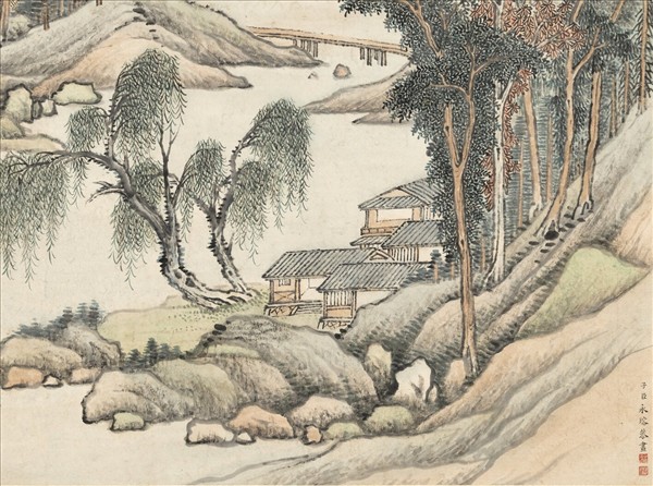 清永瑢畫秋寺鳴泉　軸