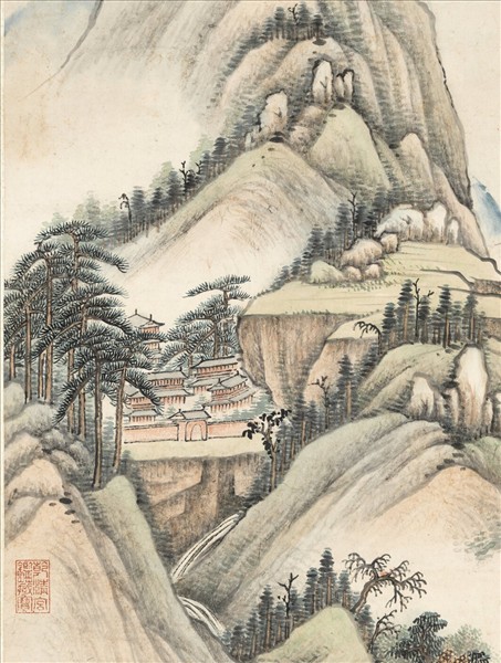 清永瑢畫秋寺鳴泉　軸