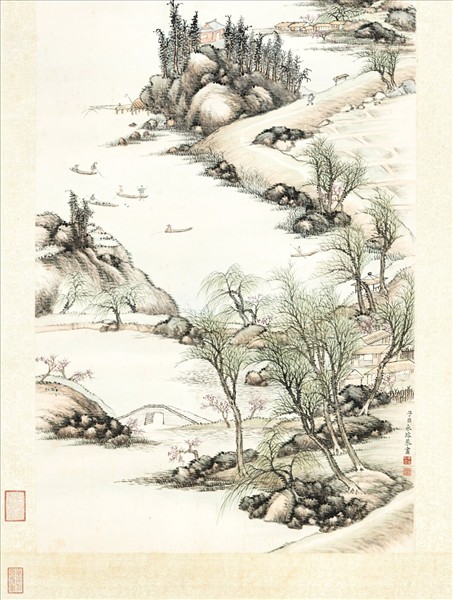 清永瑢畫春潭漁集　軸