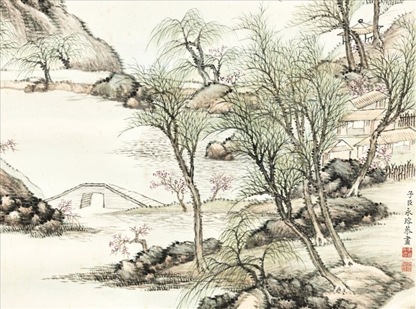 清永瑢畫春潭漁集　軸