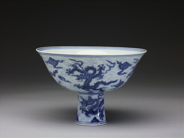 青花波濤龍紋高足碗
