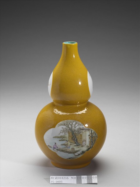 黃釉開光人物葫蘆瓶