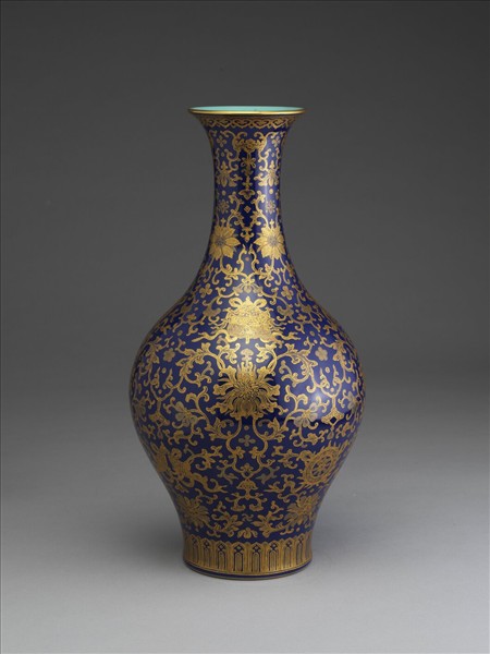 霽青釉描金八寶番蓮紋瓶