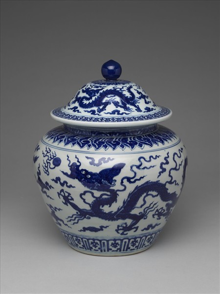 明 嘉靖 青花雙龍戲珠紋蓋罐