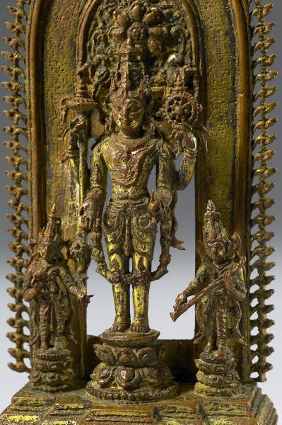印度東北地區 12世紀 青銅鎏金 毗濕奴神、吉祥天女、妙音天女三尊立像