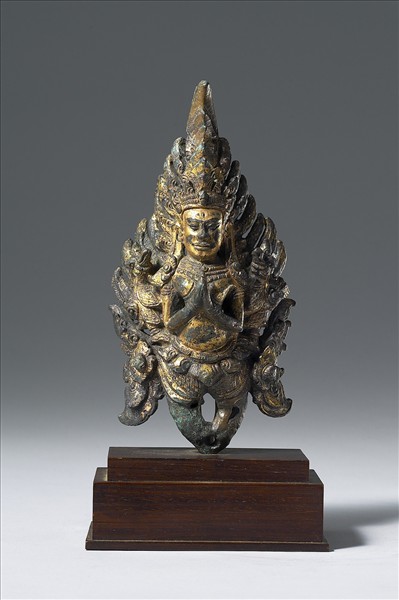 泰國 14世紀 青銅鎏金 抬轎杆頭飾具金翅鳥人