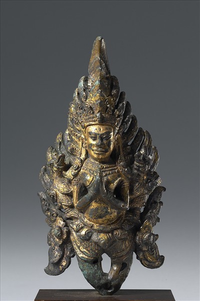 泰國 14世紀 青銅鎏金 抬轎杆頭飾具金翅鳥人