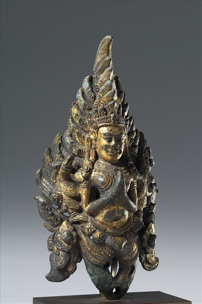 泰國 14世紀 青銅鎏金 抬轎杆頭飾具金翅鳥人