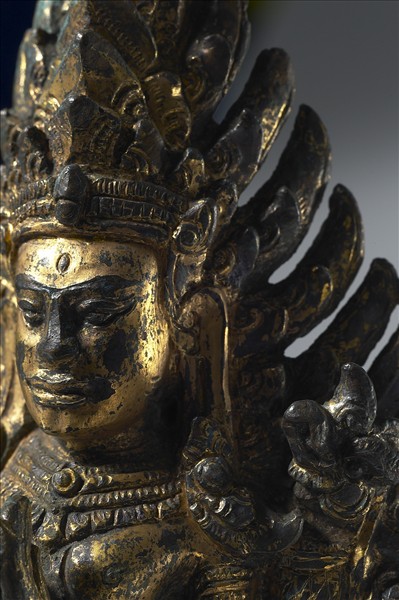 泰國 14世紀 青銅鎏金 抬轎杆頭飾具金翅鳥人