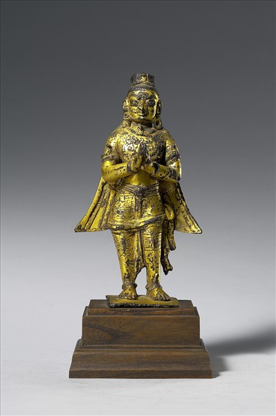 尼泊爾 14世紀 青銅鎏金 金翅鳥人合掌立像