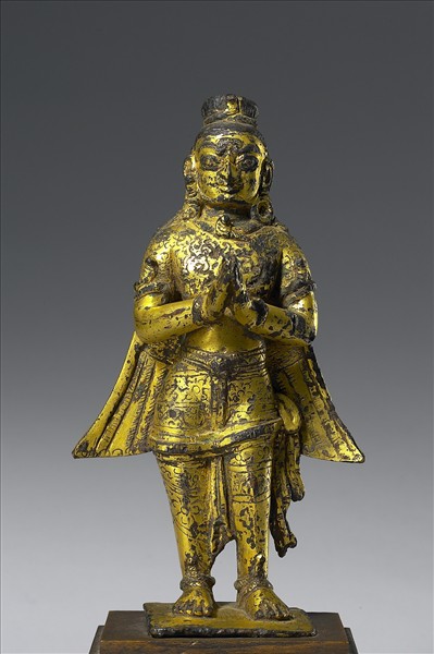 尼泊爾 14世紀 青銅鎏金 金翅鳥人合掌立像