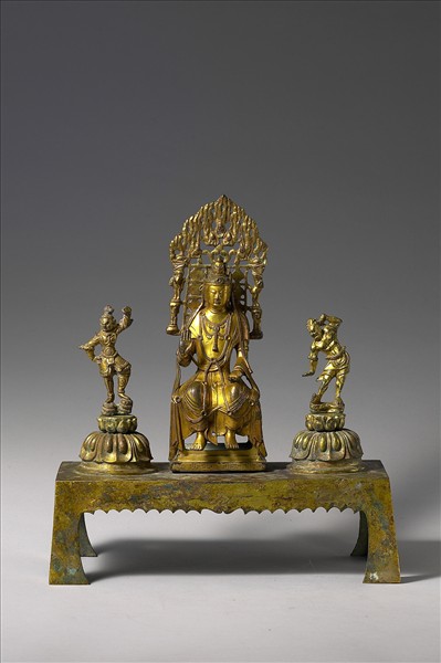 中國 唐 銅鎏金 坐佛三尊像