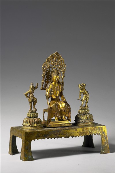 中國 唐 銅鎏金 坐佛三尊像